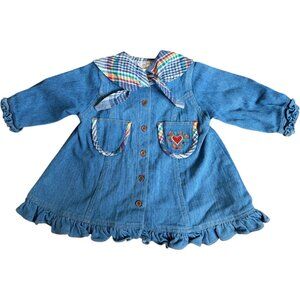 Vintage Denim Dress with Sailor Collar and Embroidered Heart Pockets 18 months